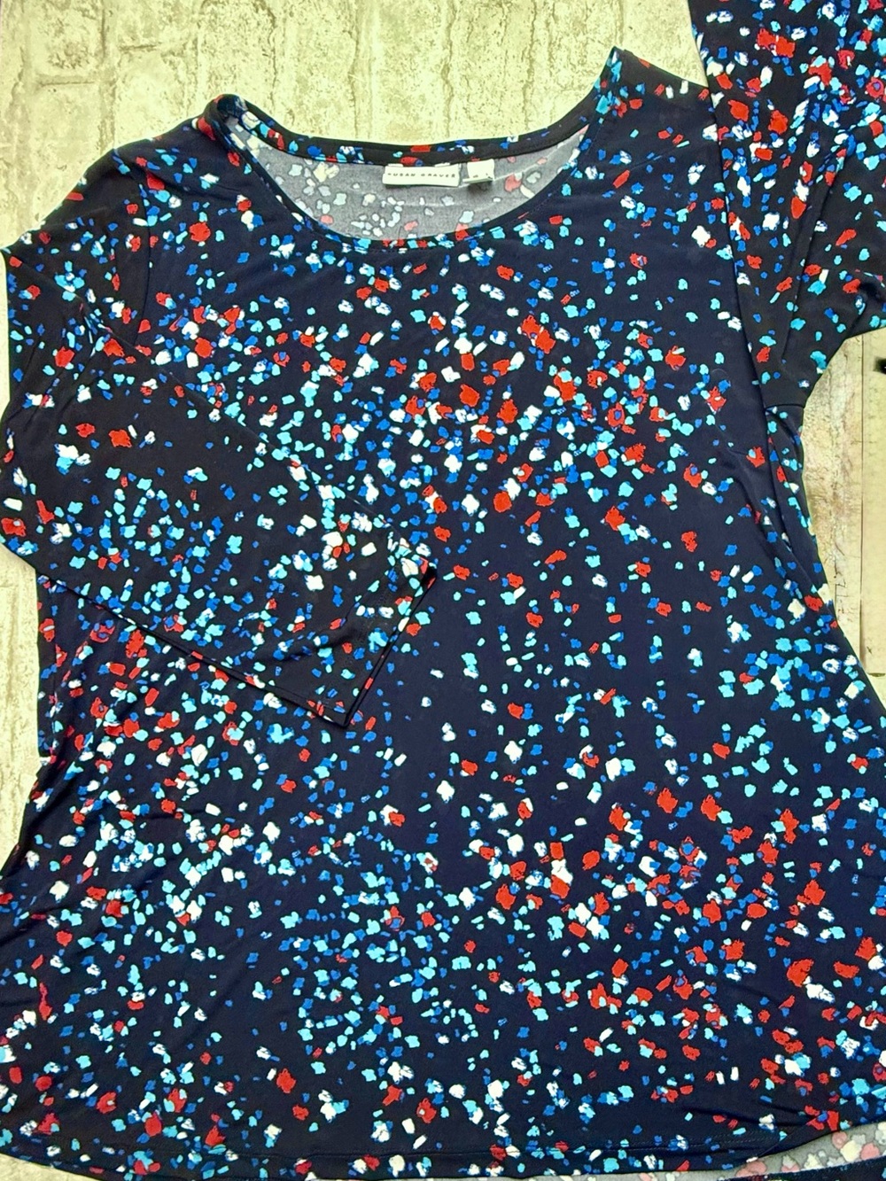 Susan Graver Sz L Navy Abstract Print Scoop Neck Long Sleeve Knit Tunic Top 😍